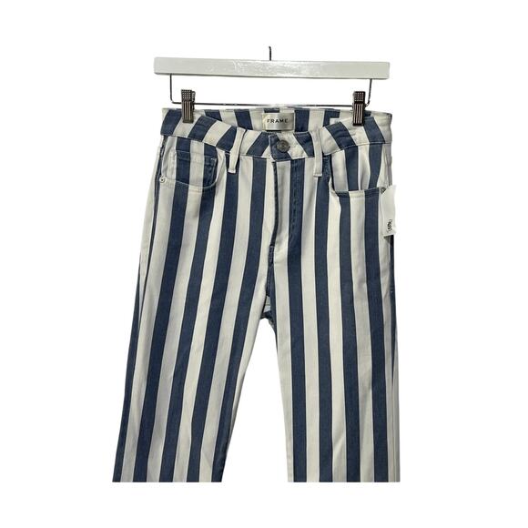 FRAME WOMENS SIZE 26 LE CROP MINI BOOT HIGH RISE STRIPE BLUE WHITE RAW HEM NEW - Picture 8 of 15